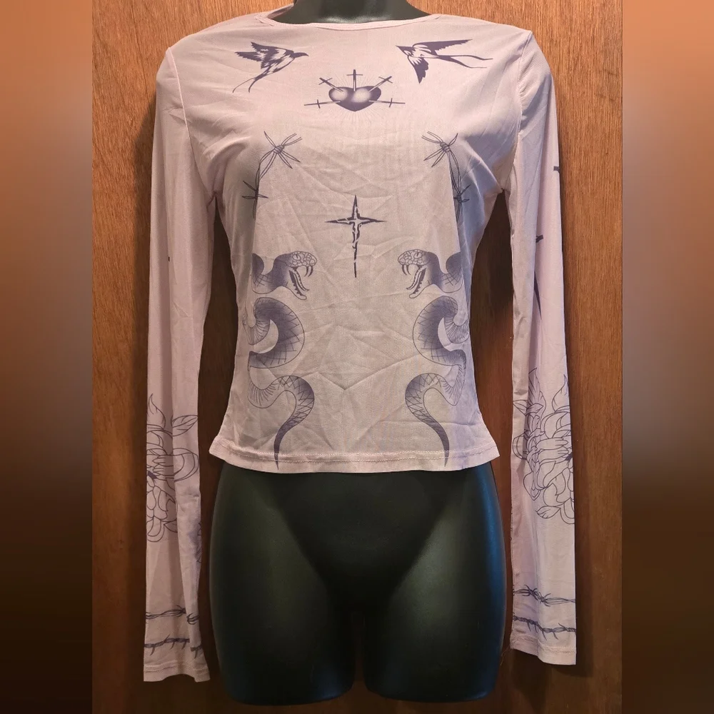 Hot Topic sheer blush Long Sleeve tattoo Top szL - Picture 2 of 7